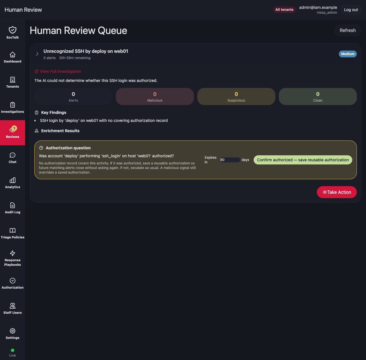 The typed authorization question on a review, with a save action