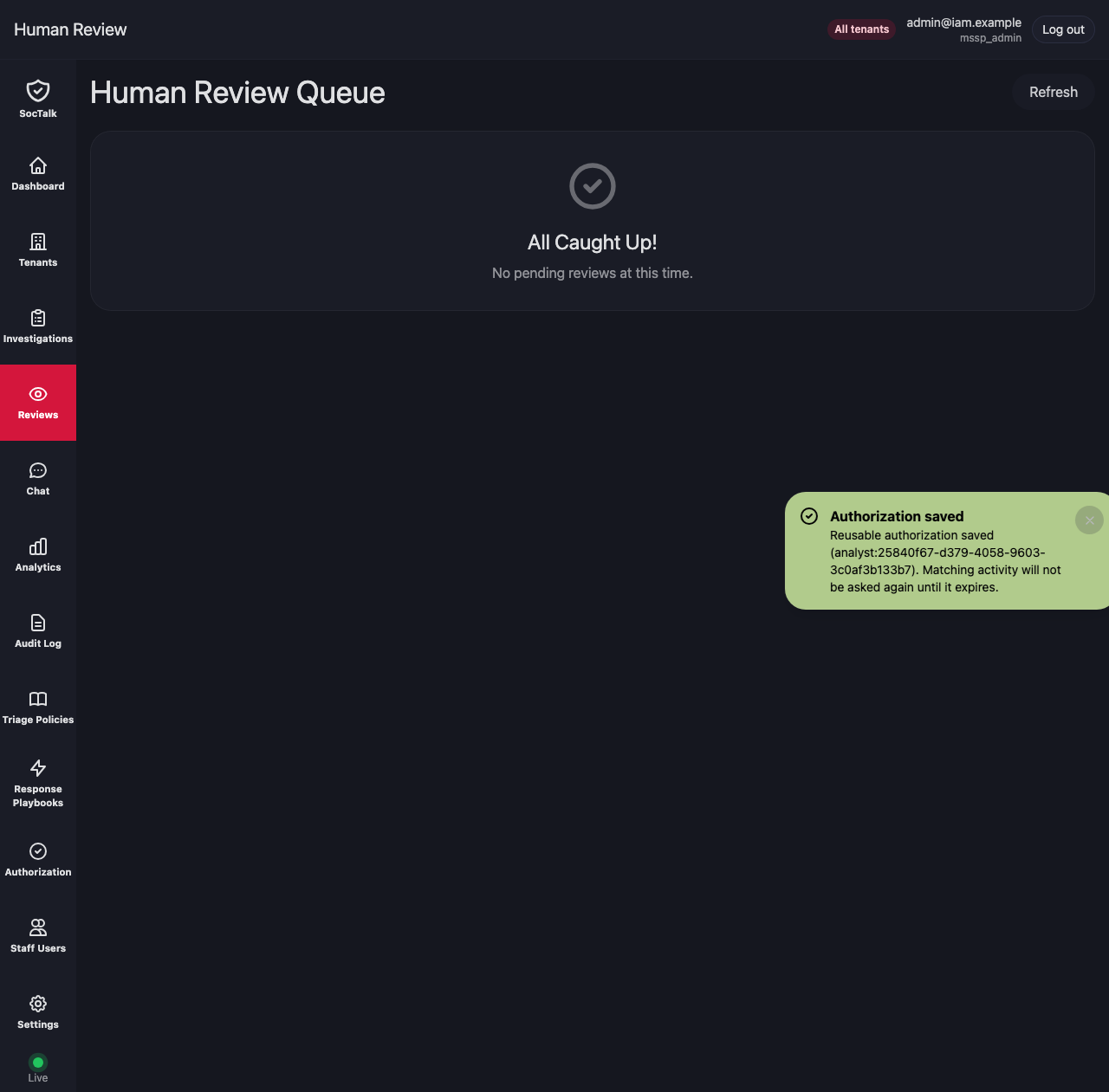 The reusable authorization saved, and the review cleared from the queue