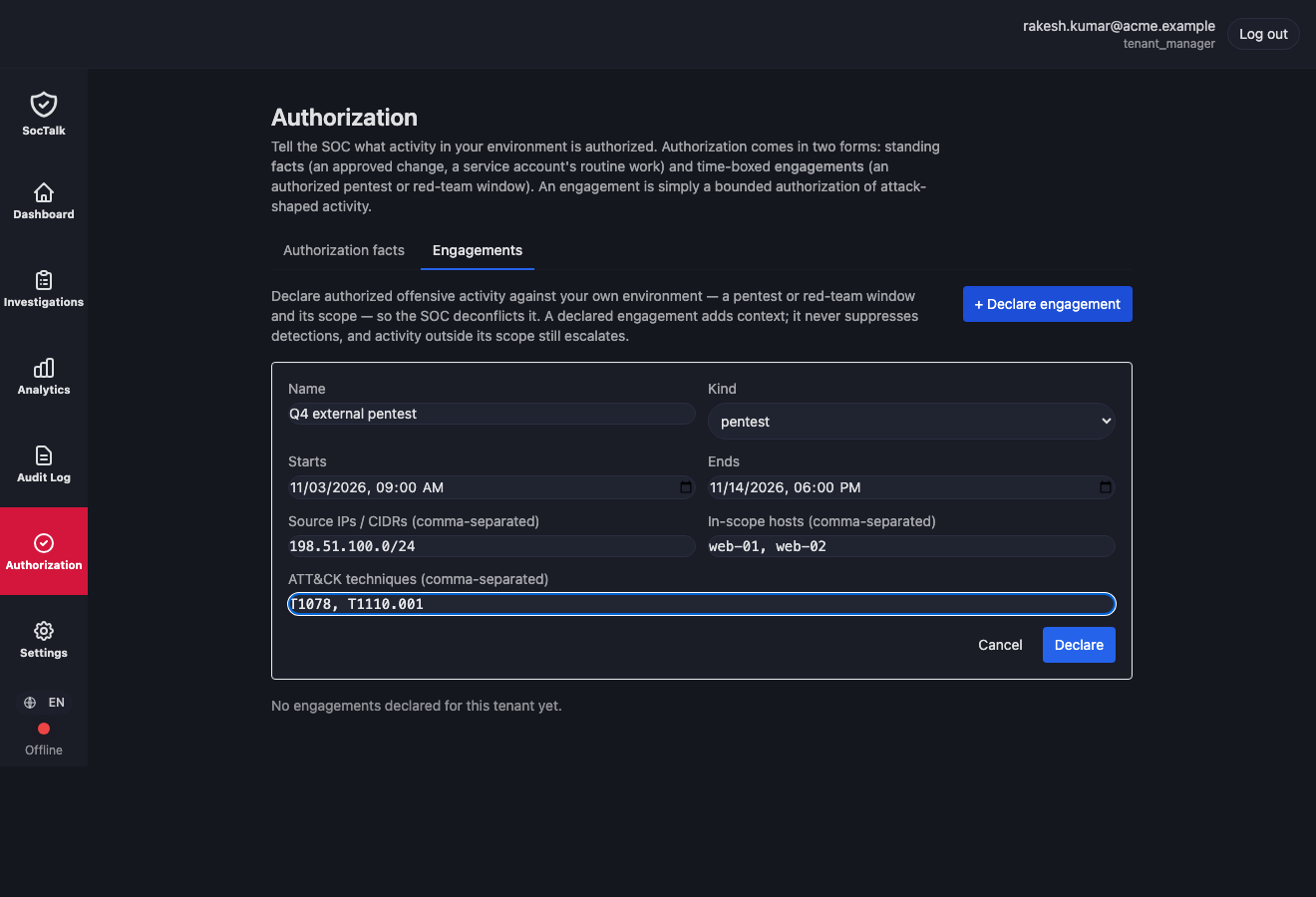 Declaring an engagement: a bounded pentest window scoped by source, host, and ATT&CK technique