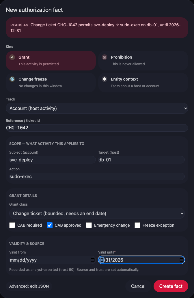 The guided New-fact editor, filled for the change-ticket grant, with the live plain-English preview