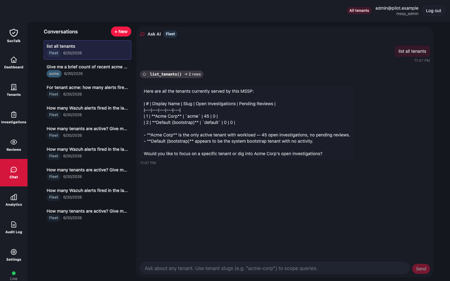 Chat: list_tenants tool badge + reply