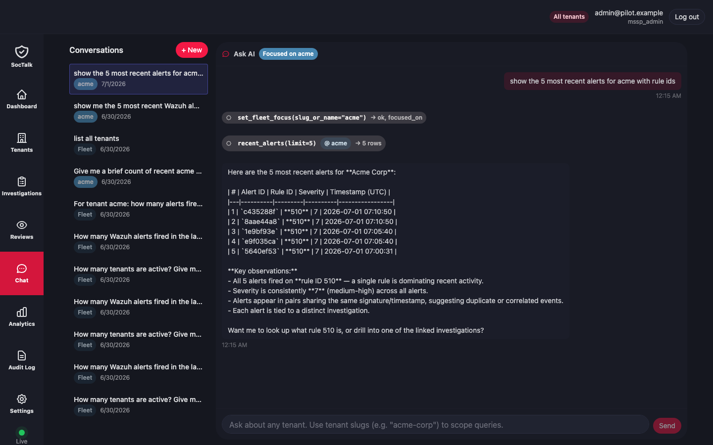 Chat: recent_alerts @ acme with rule IDs + LLM analysis