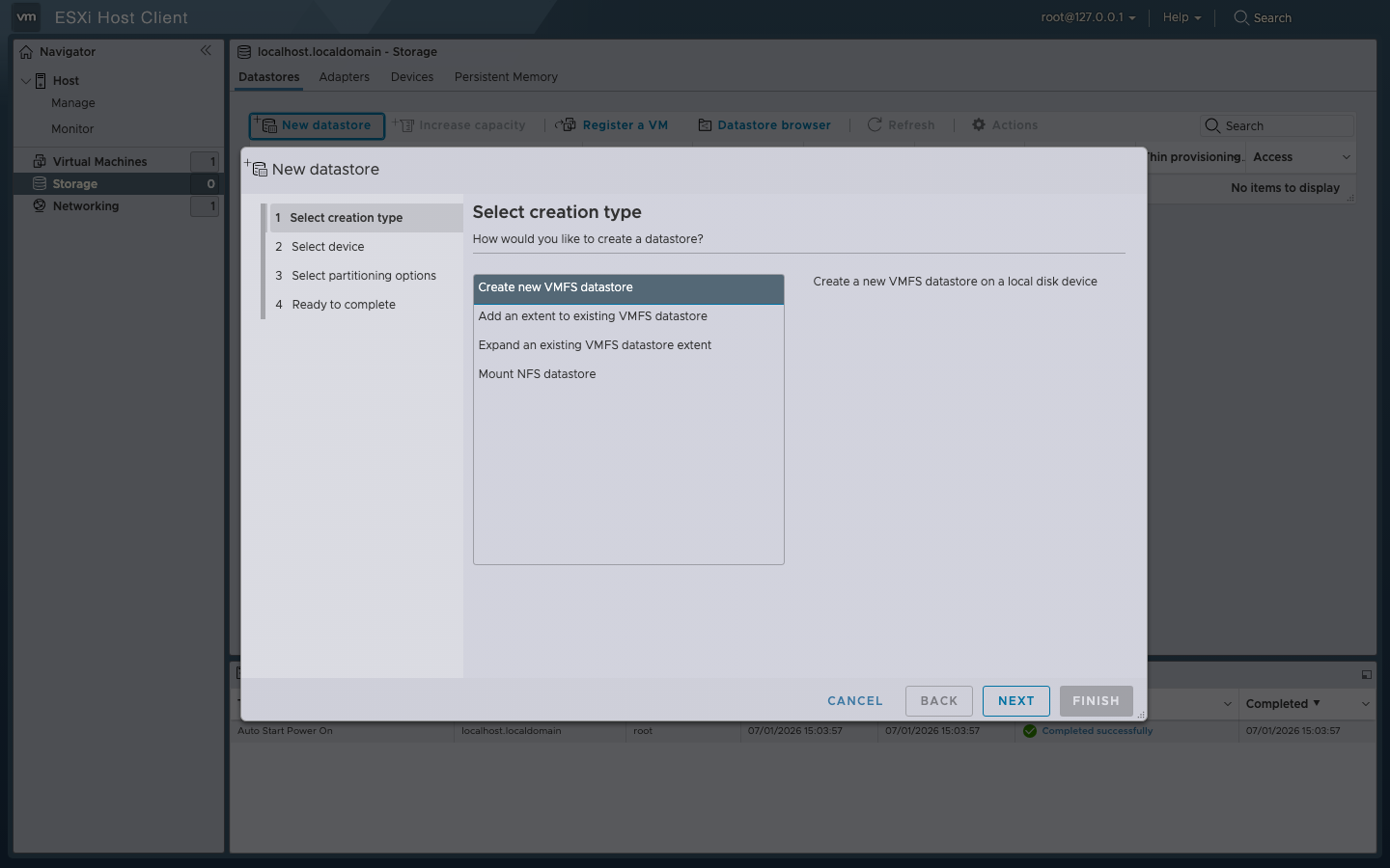 New datastore step 1 — creation type