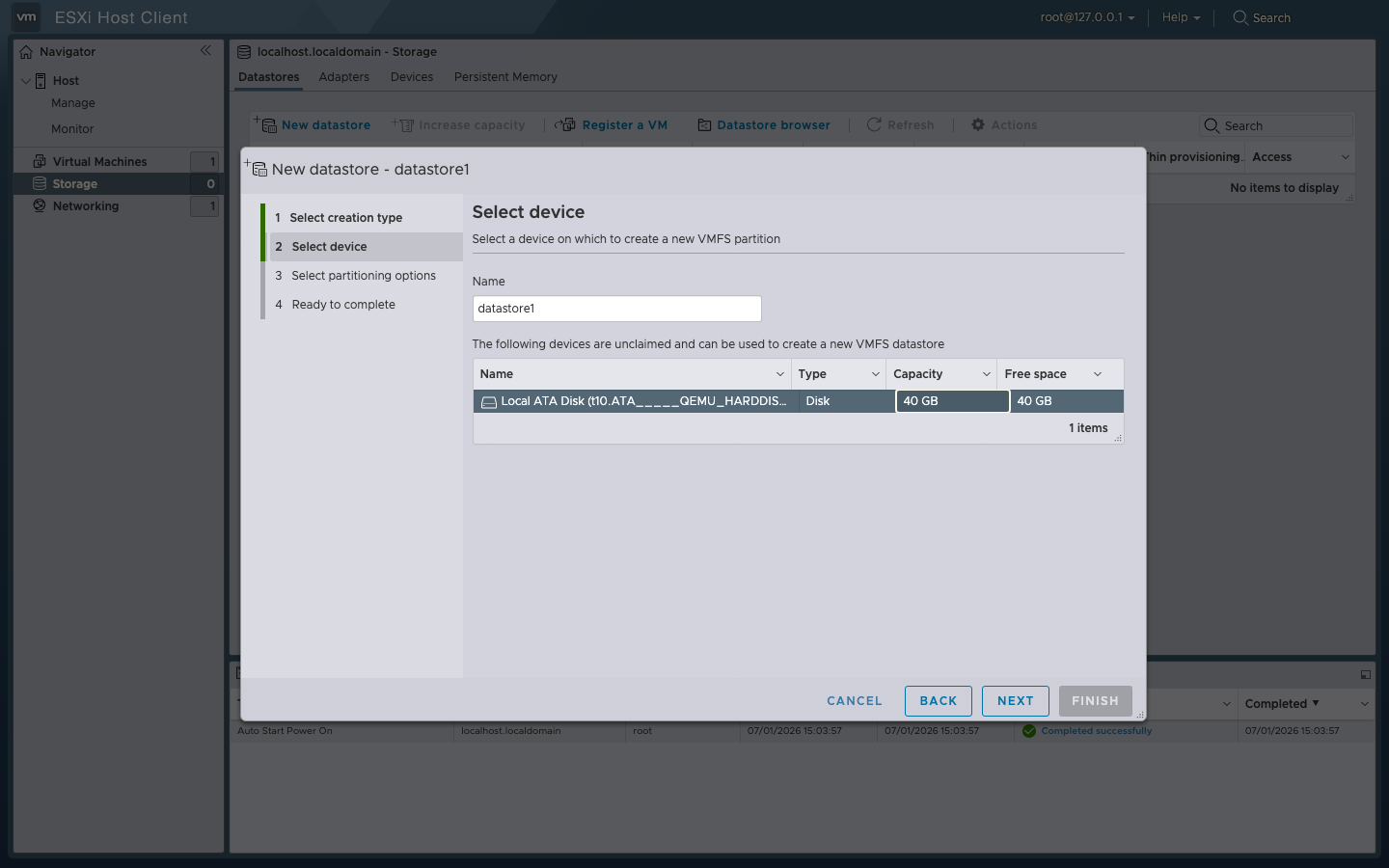 New datastore step 3 — device selection