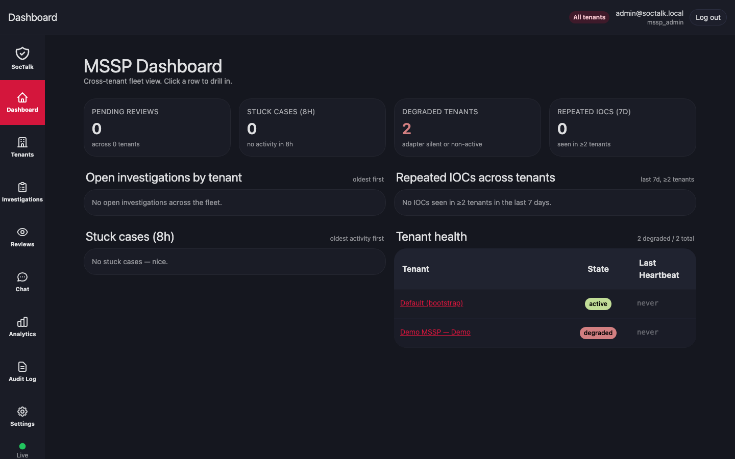 SocTalk MSSP dashboard on ESXi