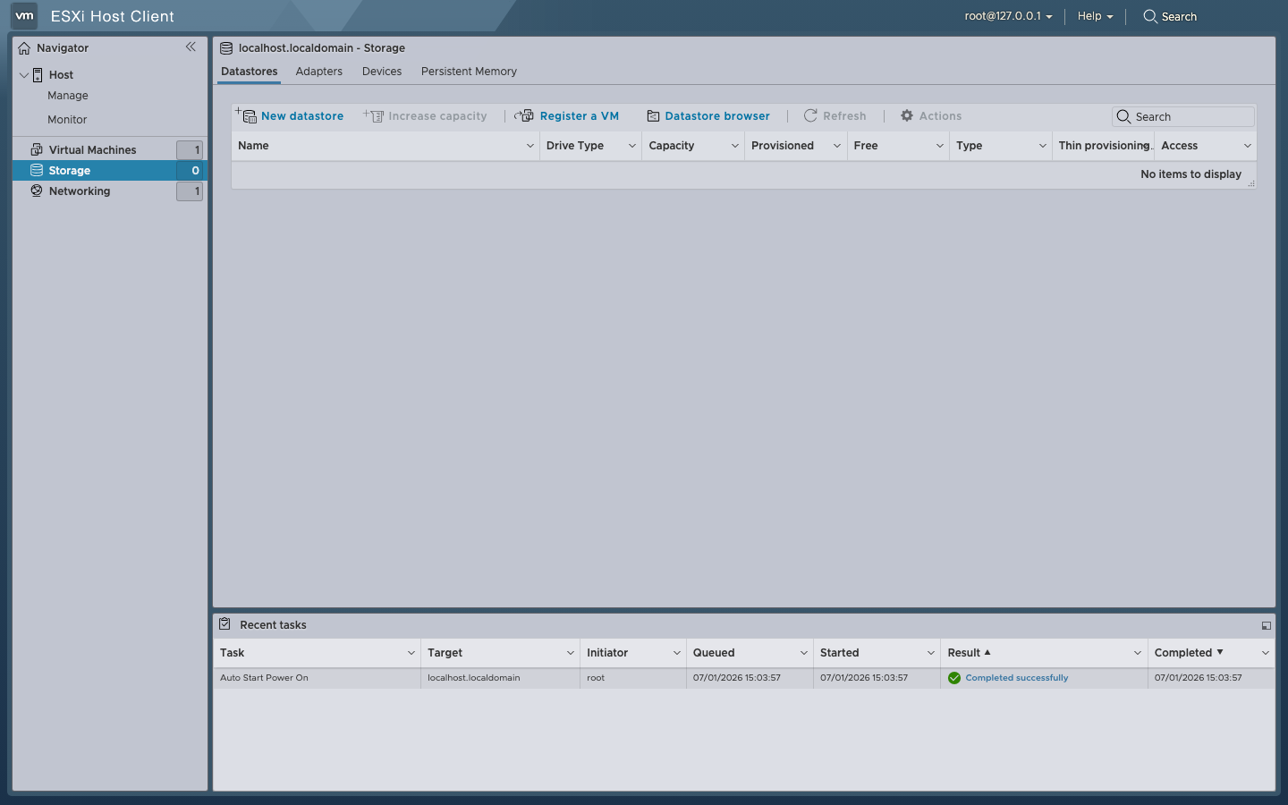 ESXi Host Client — Storage tab with no datastores