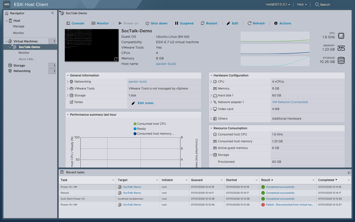 VM powered on, hardware pane visible