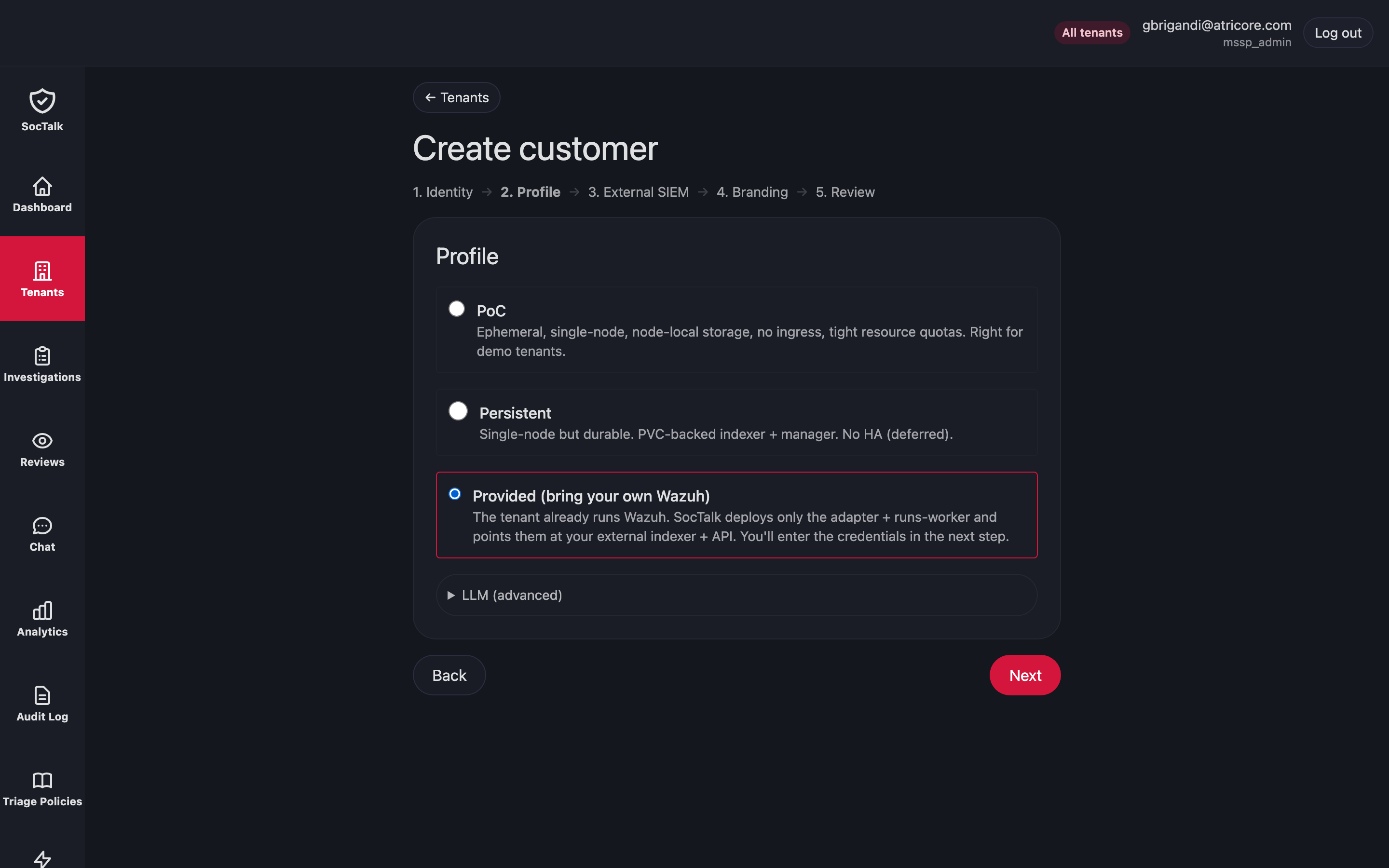 The New Tenant wizard Profile step with Provided selected, described as bring your own Wazuh; the breadcrumb now includes an External SIEM step
