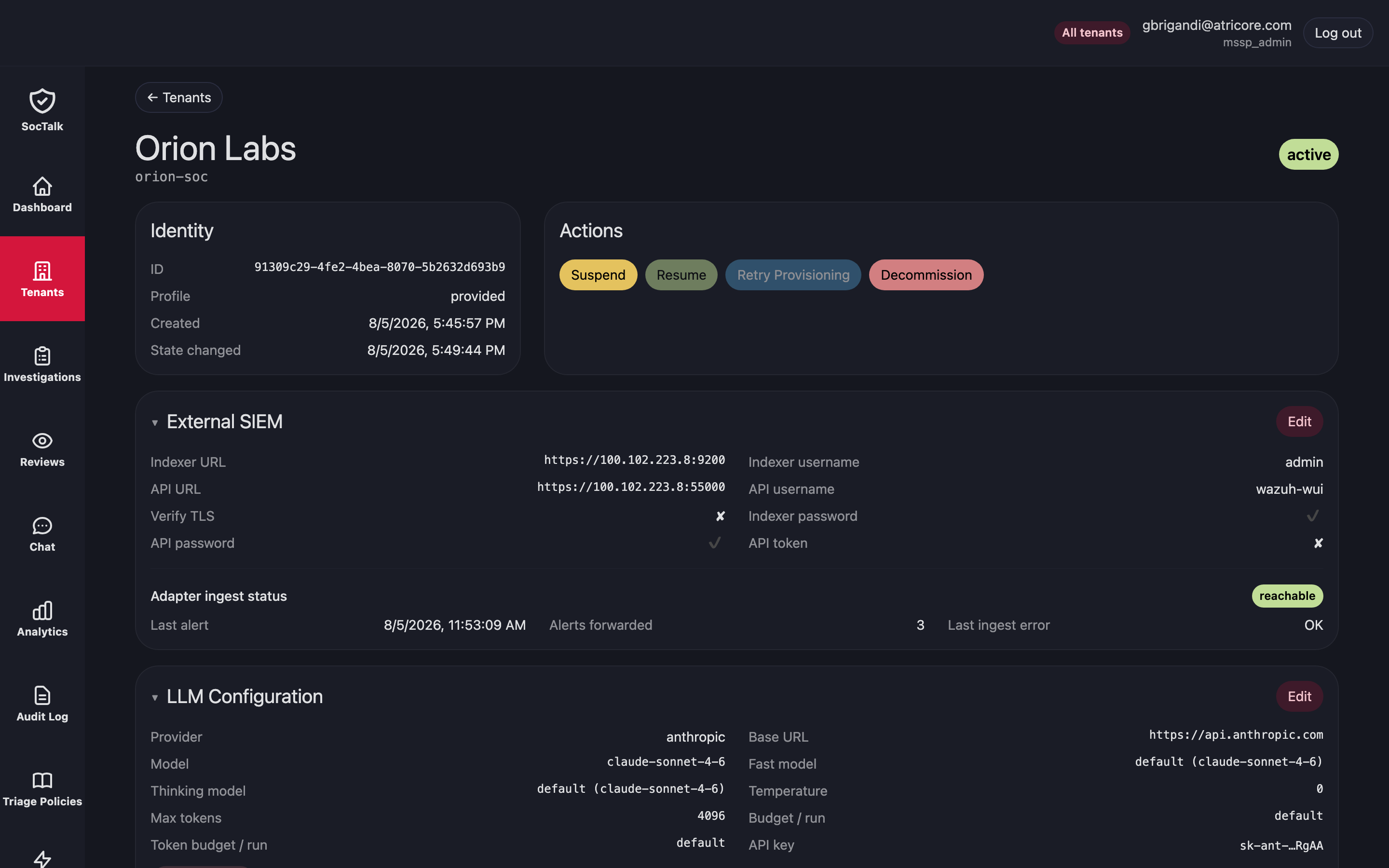 The Orion Labs tenant detail page: profile provided, state active, an External SIEM panel with the indexer and API URLs, and an Adapter ingest status of reachable with three alerts forwarded