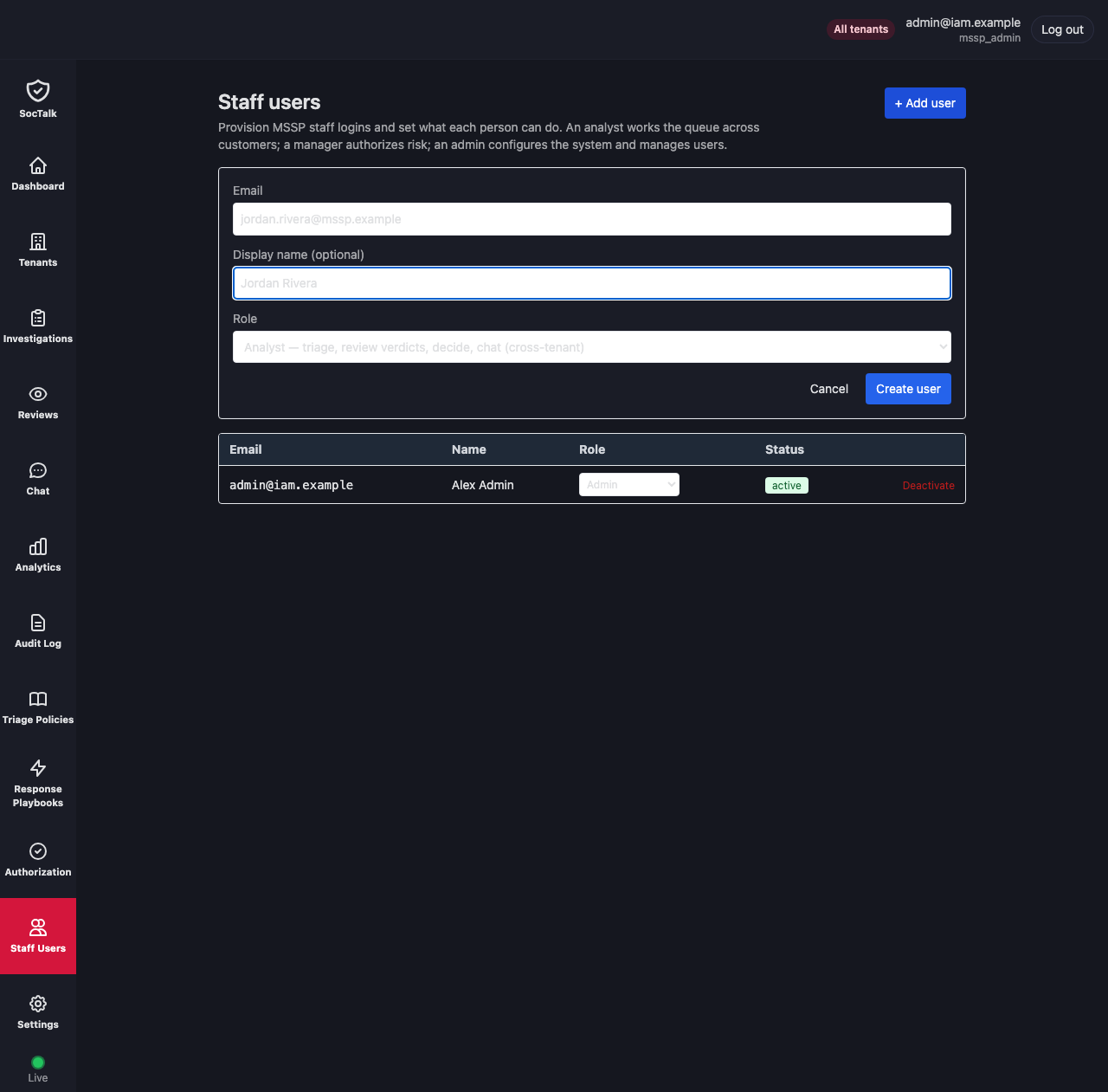 Adding an MSSP staff user with a role selected