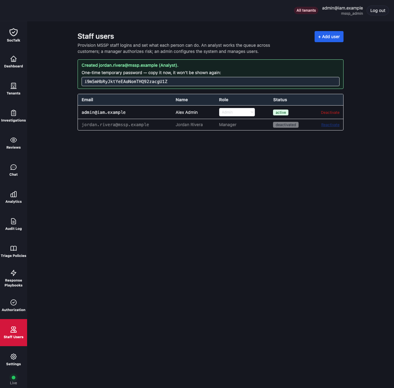 The deactivated user, with Reactivate now offered