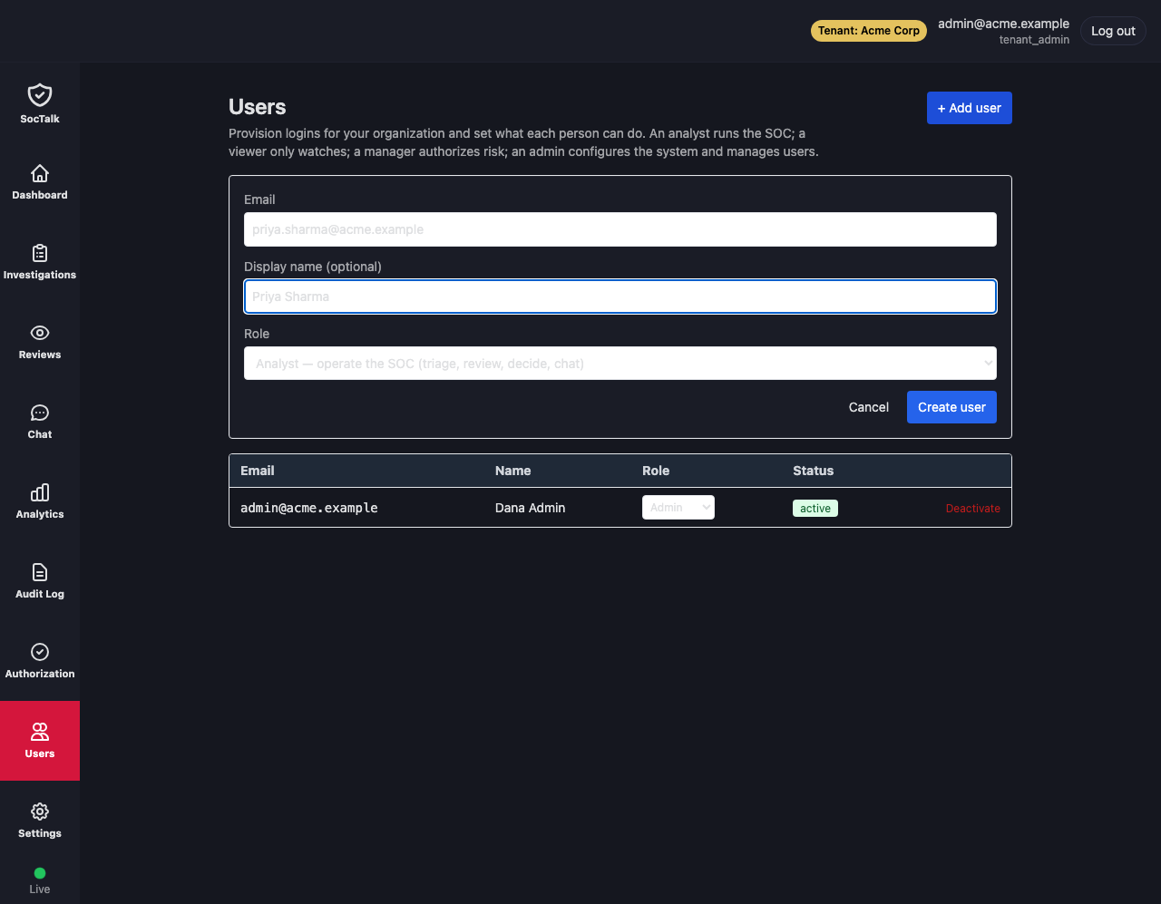 Adding a tenant user from the customer Users panel