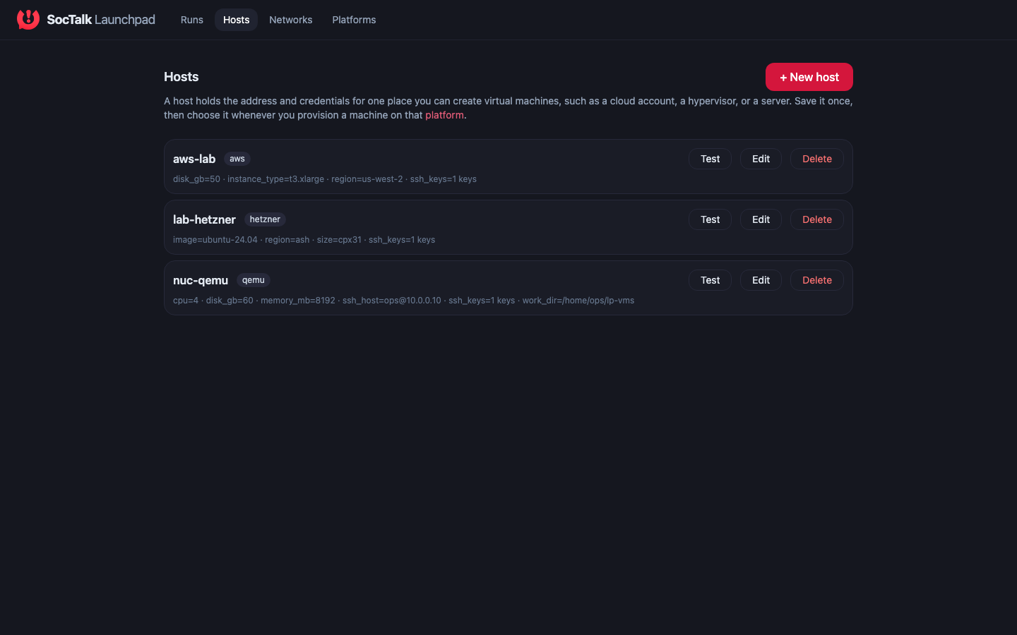 Hosts — the substrates you provision on, registered once