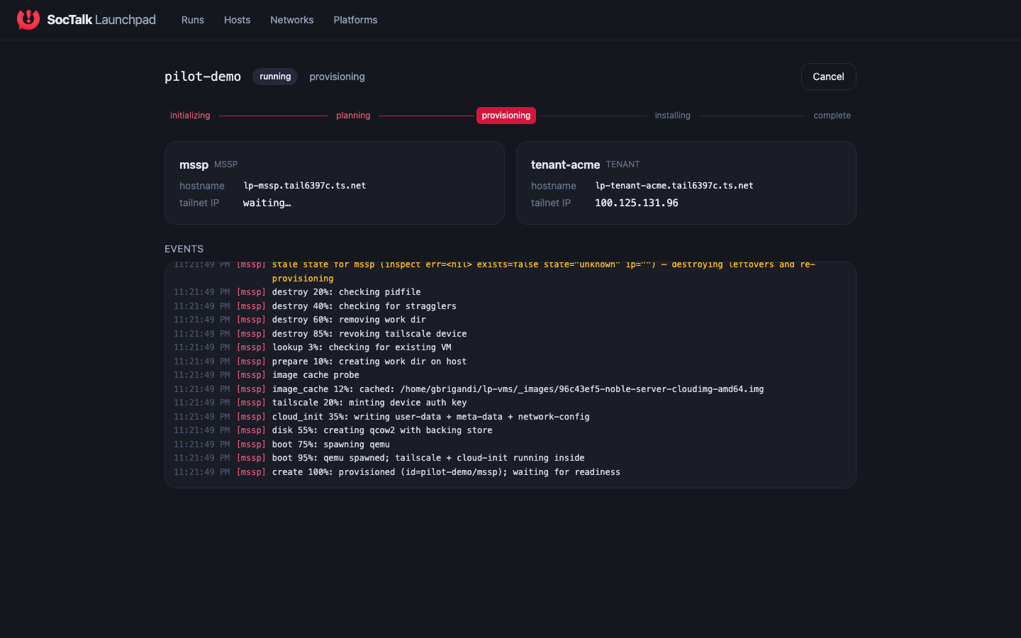 A run in progress — the MSSP and tenant VMs provisioning, with the phase tracker and a live event stream
