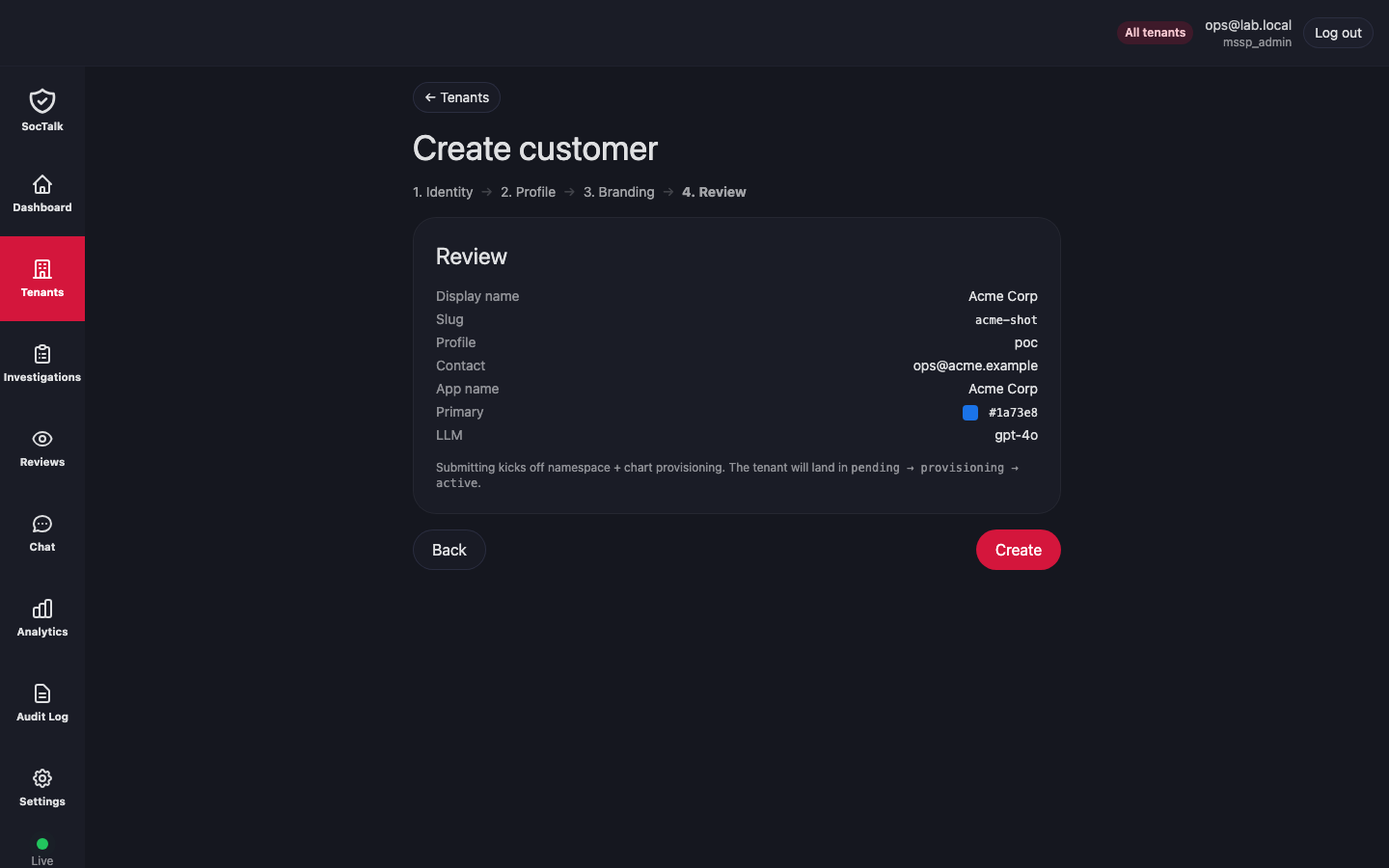 Create Customer: Review step