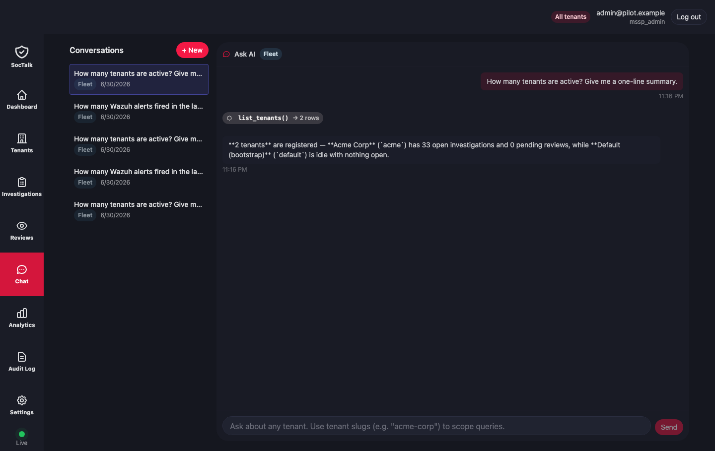 Ask AI — un resumen de toda la flota, con la llamada a herramienta que ejecutó