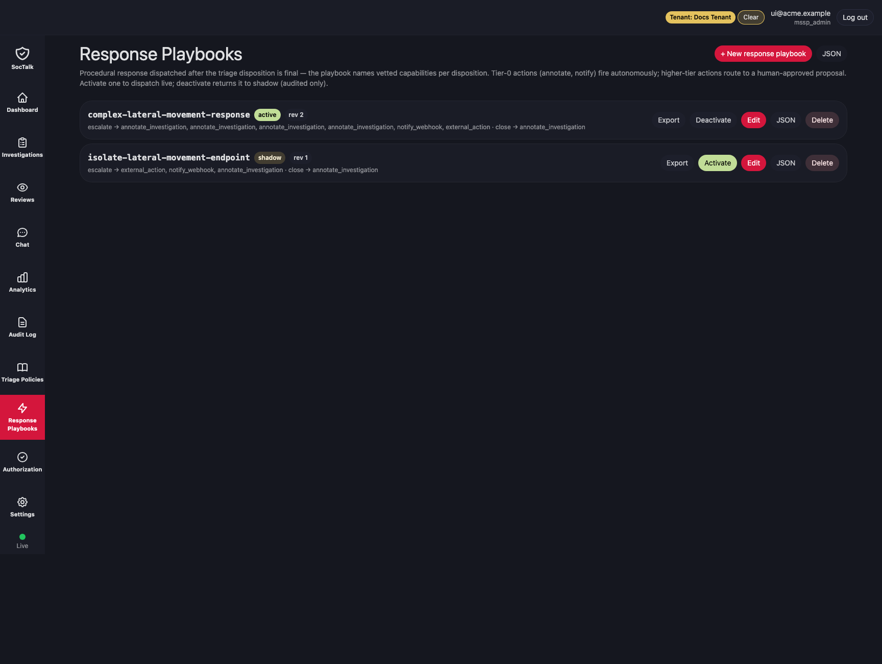 The completed playbook in the list, ready to activate